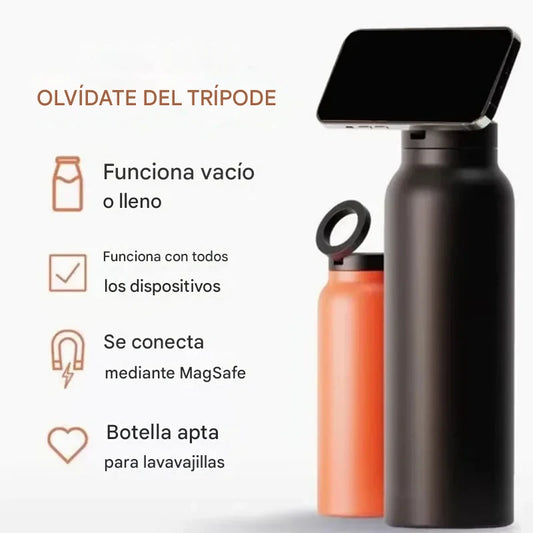 Botella deportiva de acero inoxidable con soporte magnético.